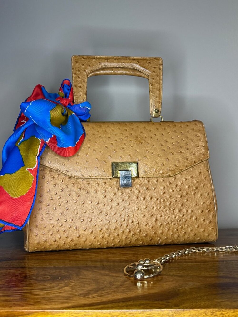 Vintage Chic de Paris Tan Ostrich Embossed Top Handle Handbag with Strap